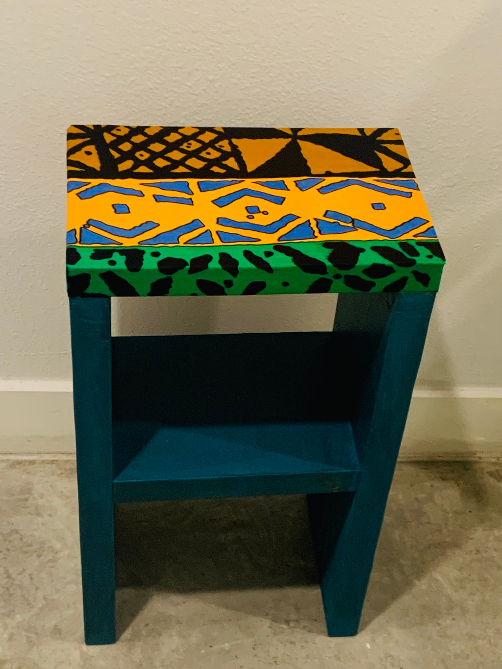 Handmade Boho African-Inspired Side Table with Decoupage Fabric Top