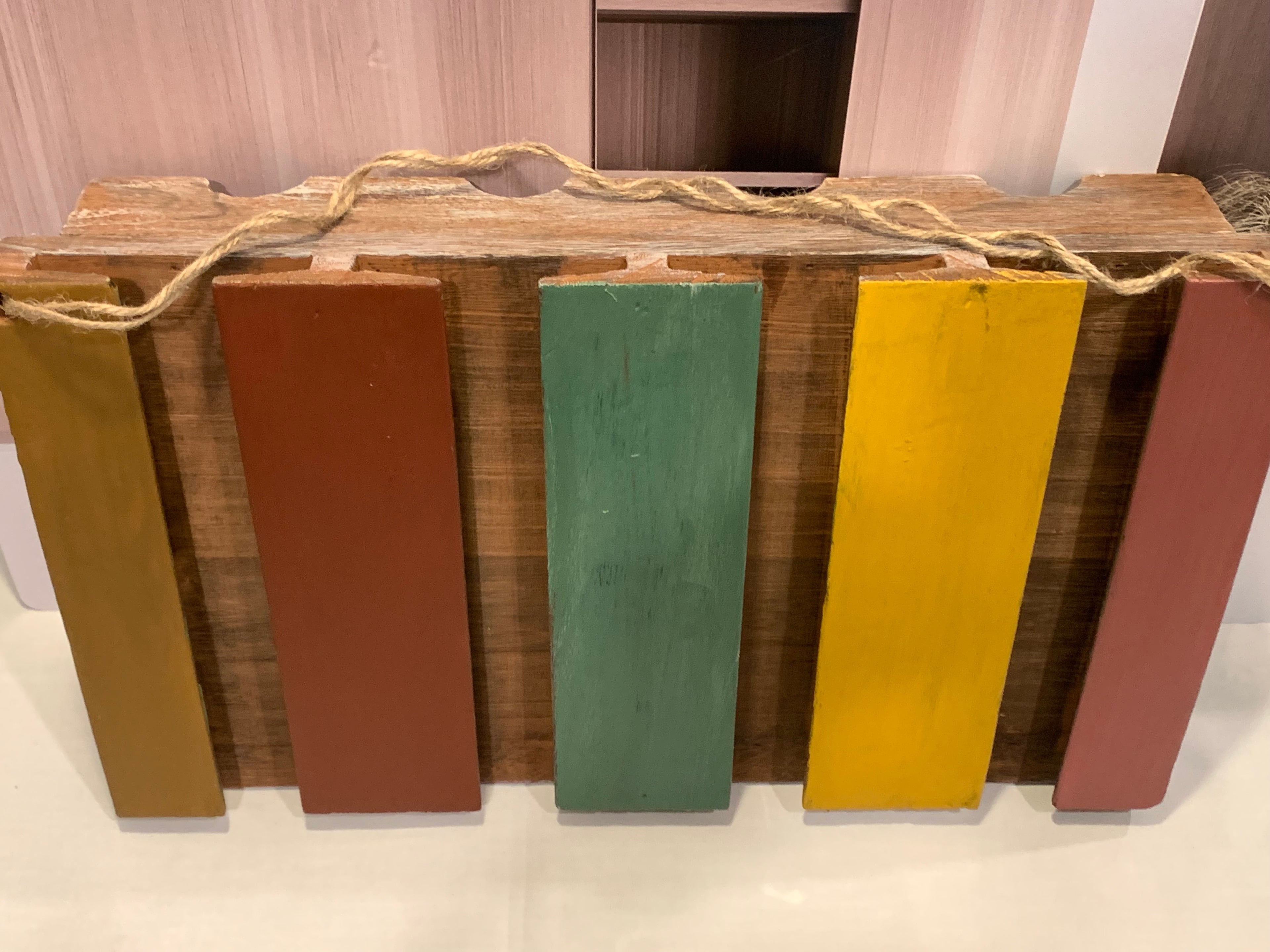Boho Painted Wood Slat Wall Decor with Rope Hanger