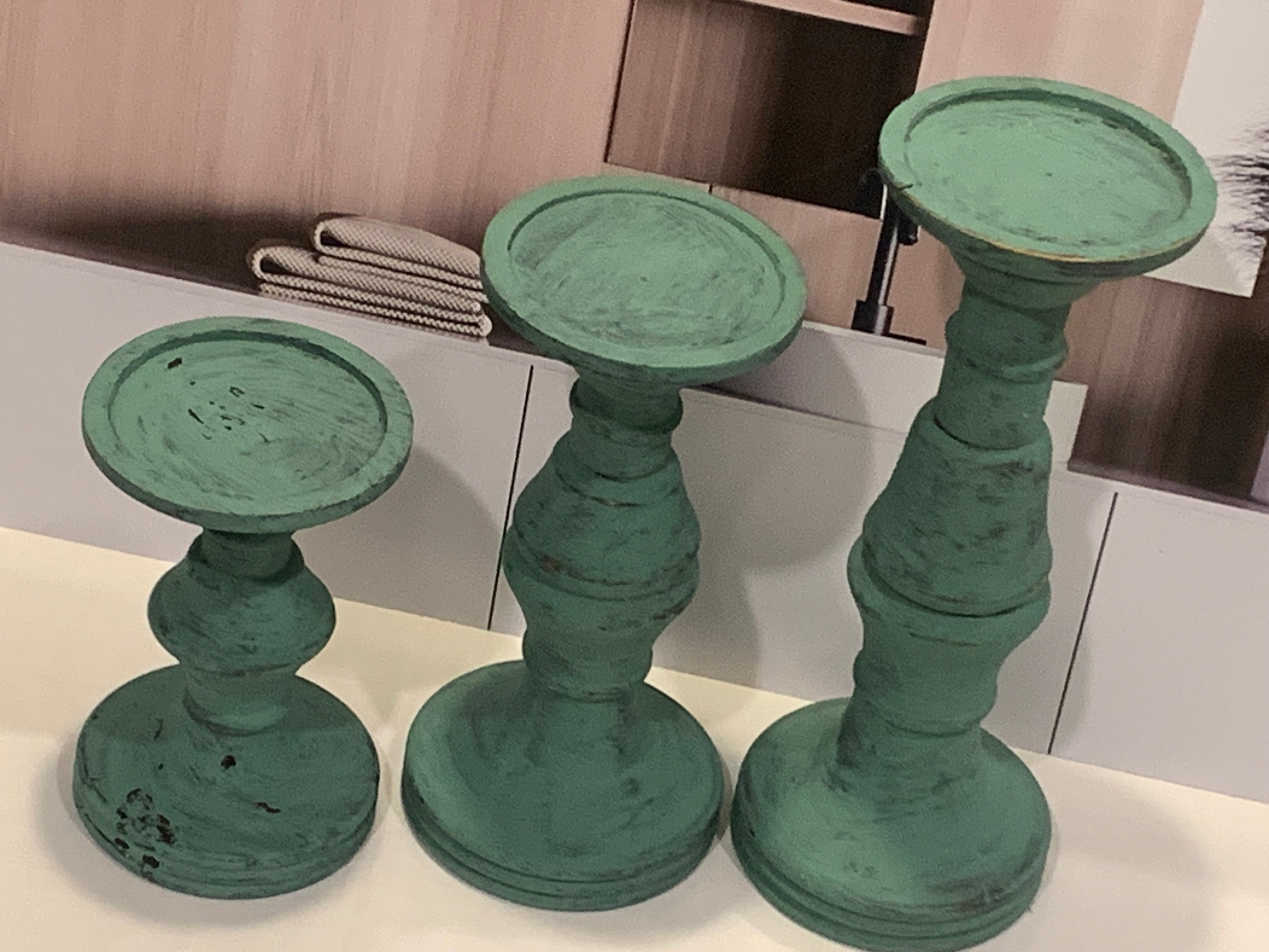 Set of 3 Distressed Teal Painted Candlestick Holders