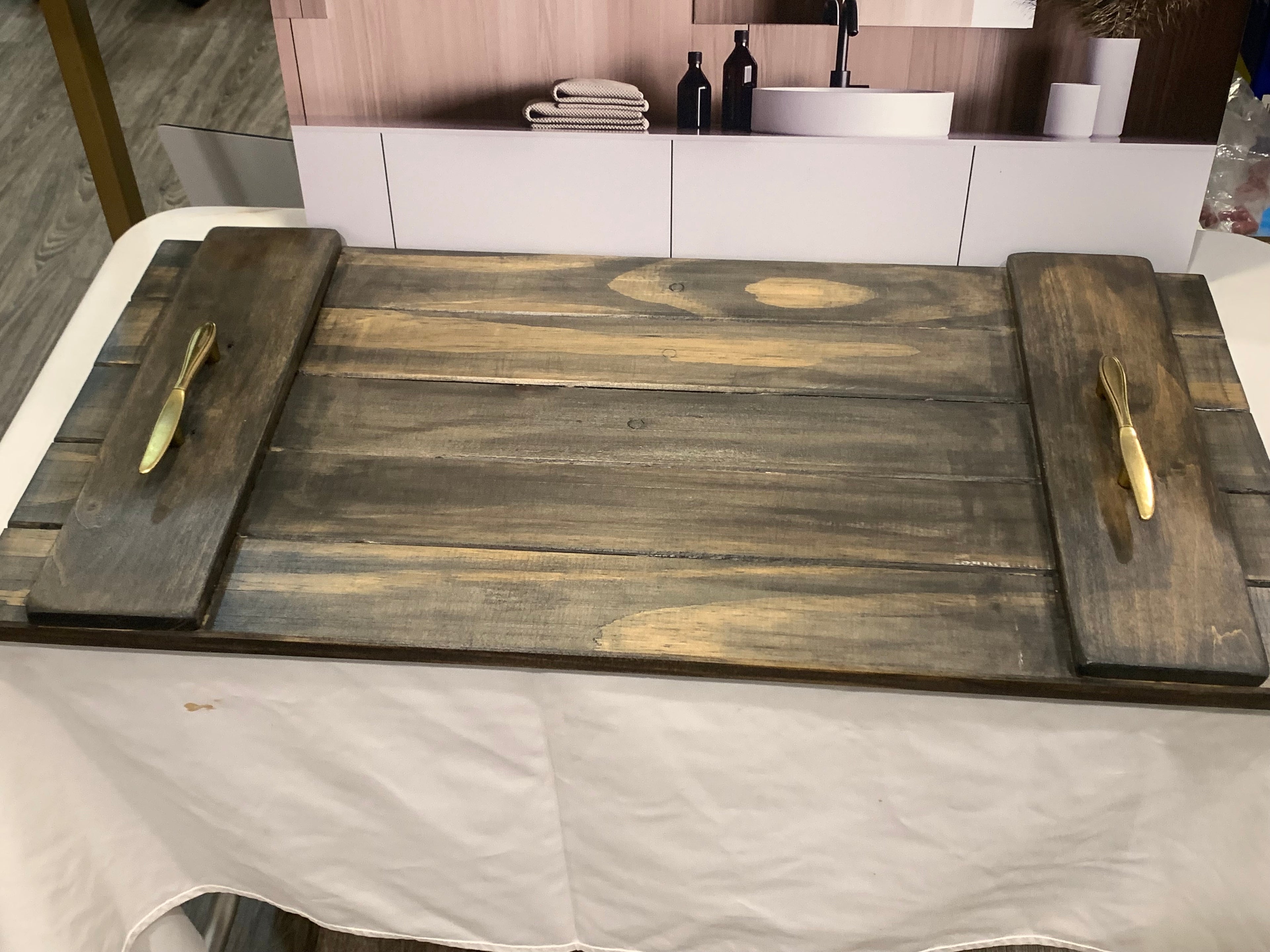Handmade Rustic Wood Serving Tray with Gold Handles