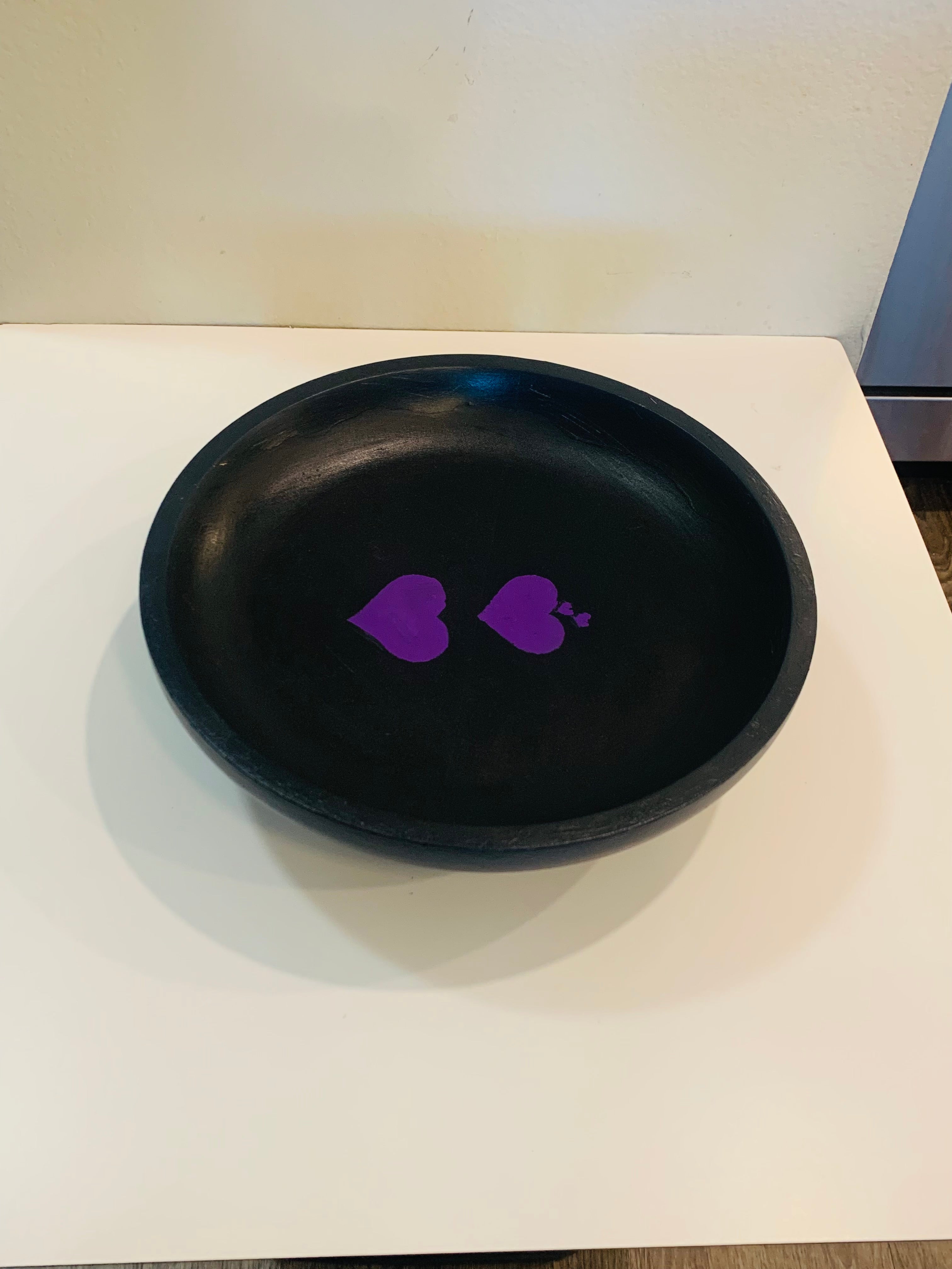Hand-Painted Charcoal Black Wooden Bowl with Purple Hearts
