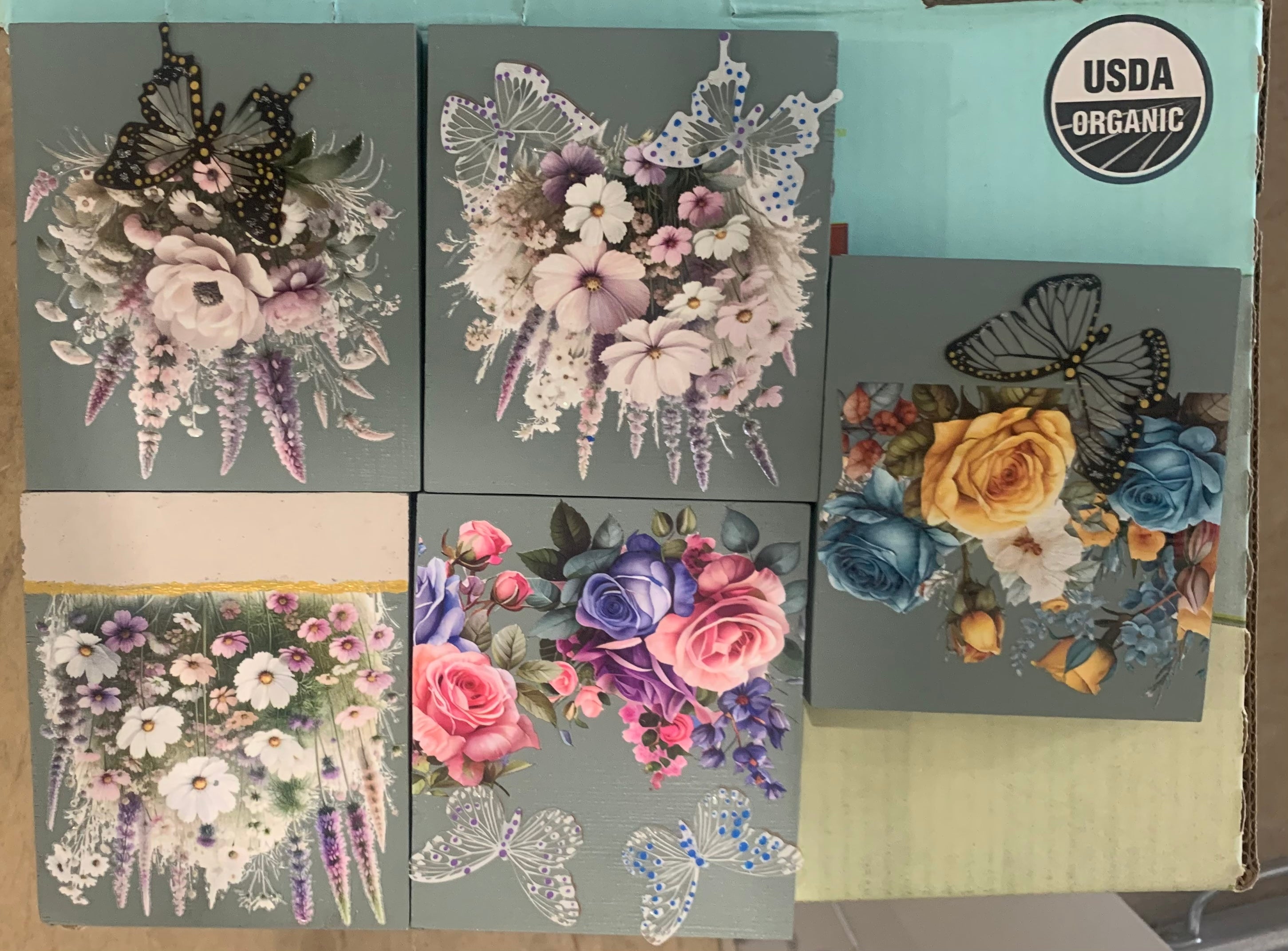 Floral Butterfly Decorative Wood Block Set