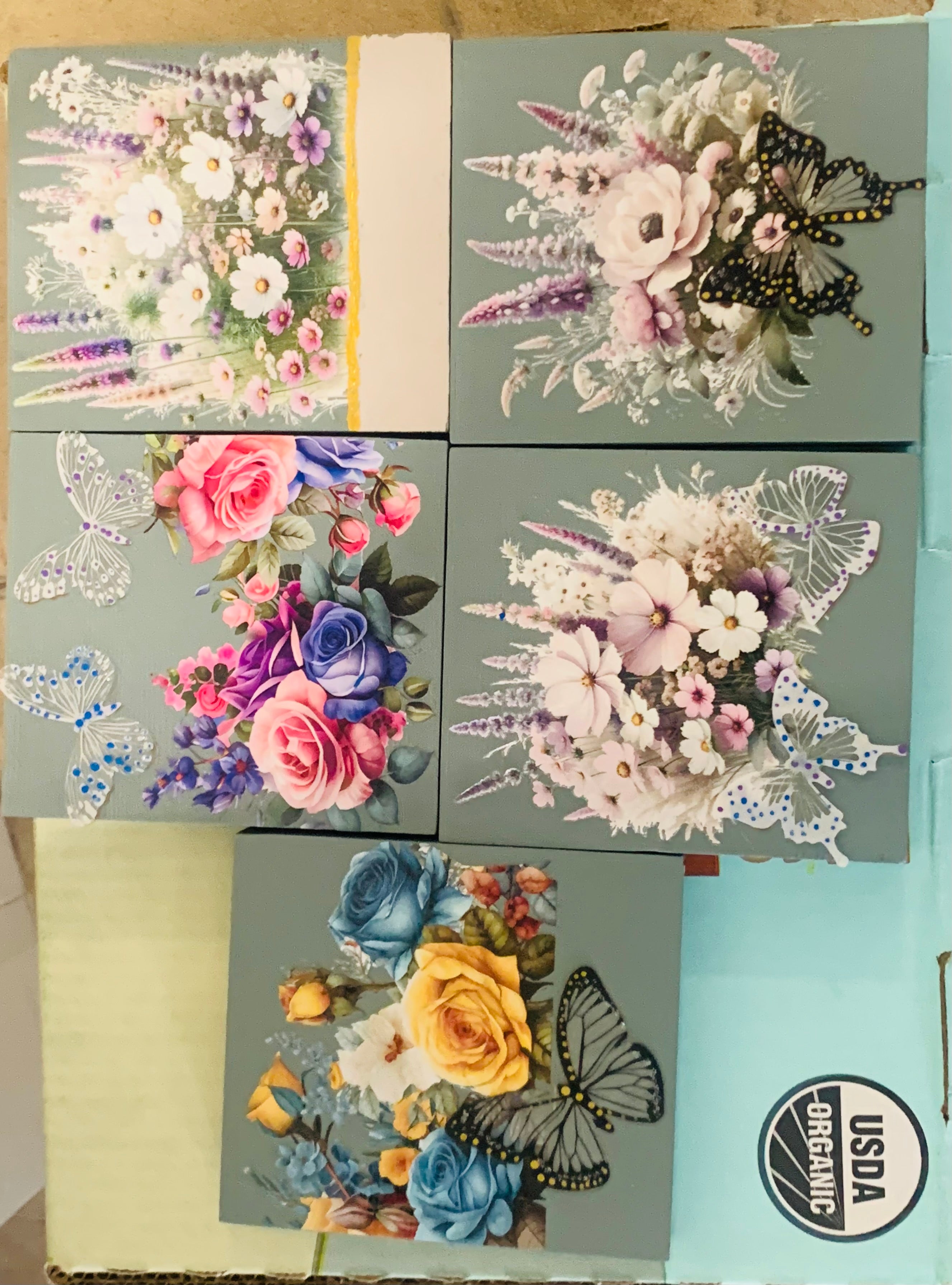 Floral Butterfly Decorative Wood Block Set