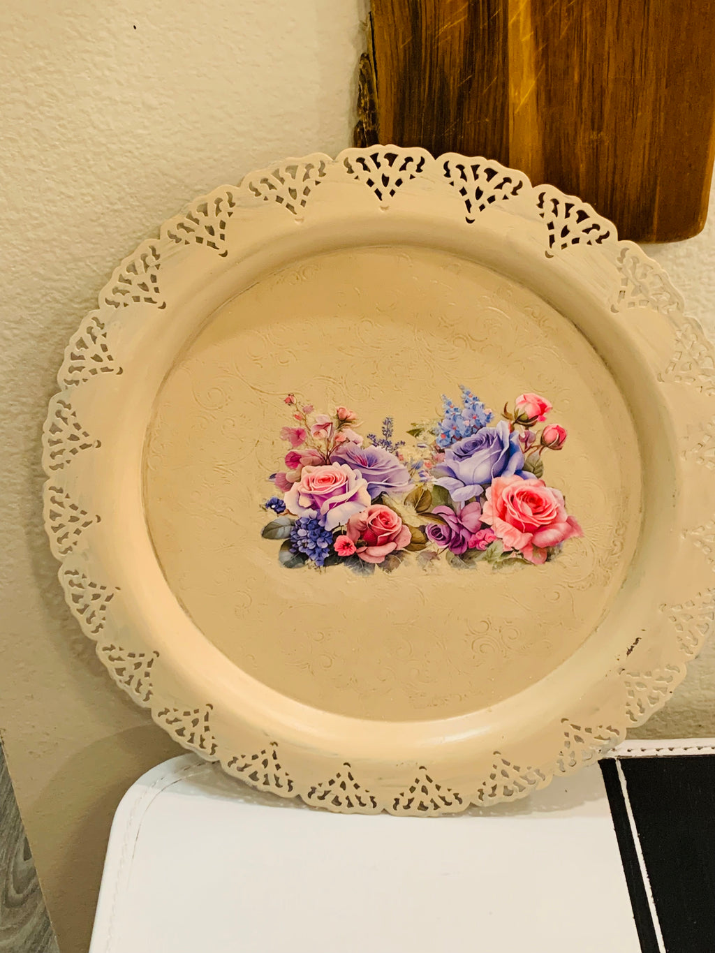Hand-Painted Floral Metal Decorative Plate