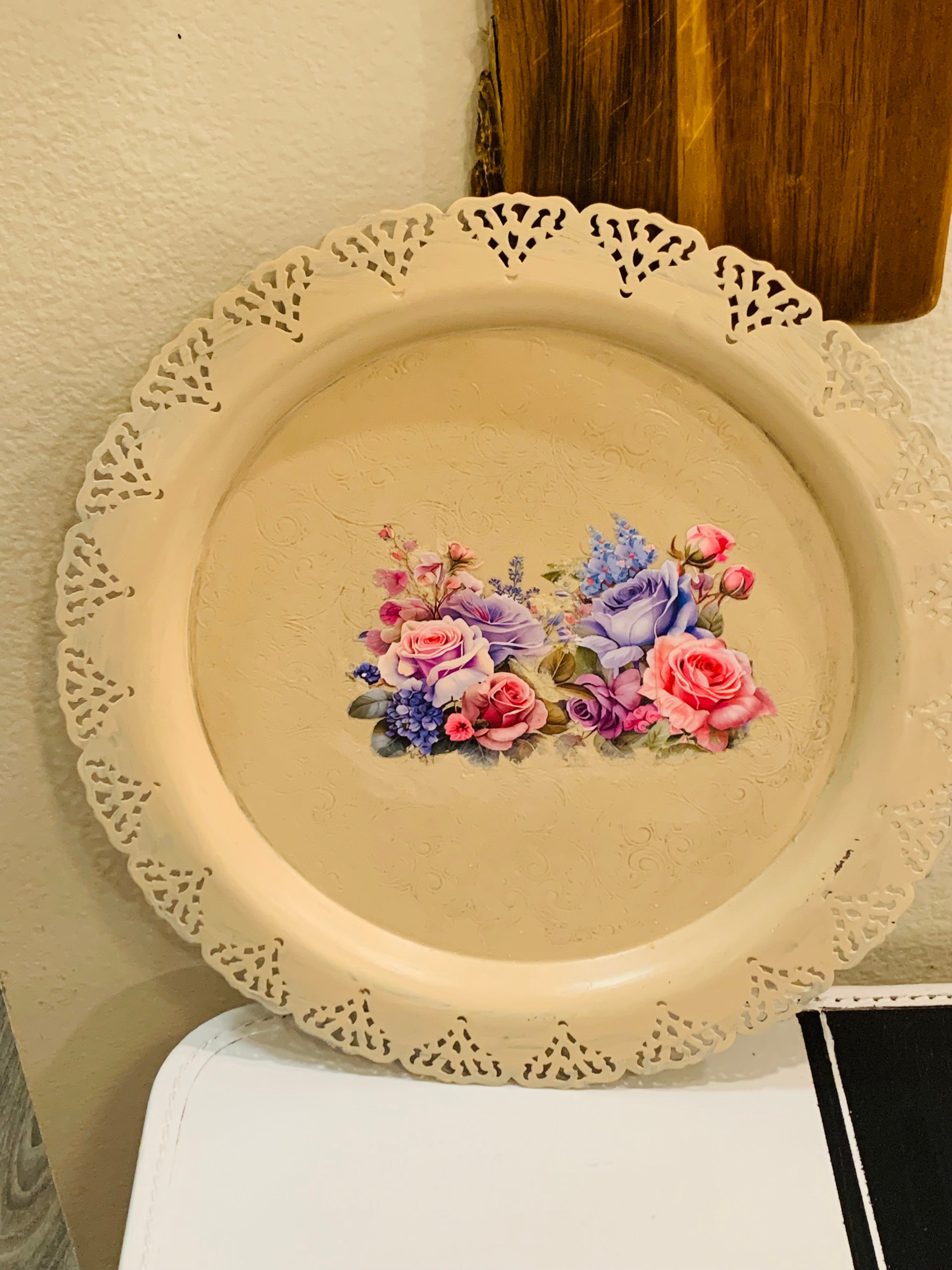 Hand-Painted Floral Metal Decorative Plate