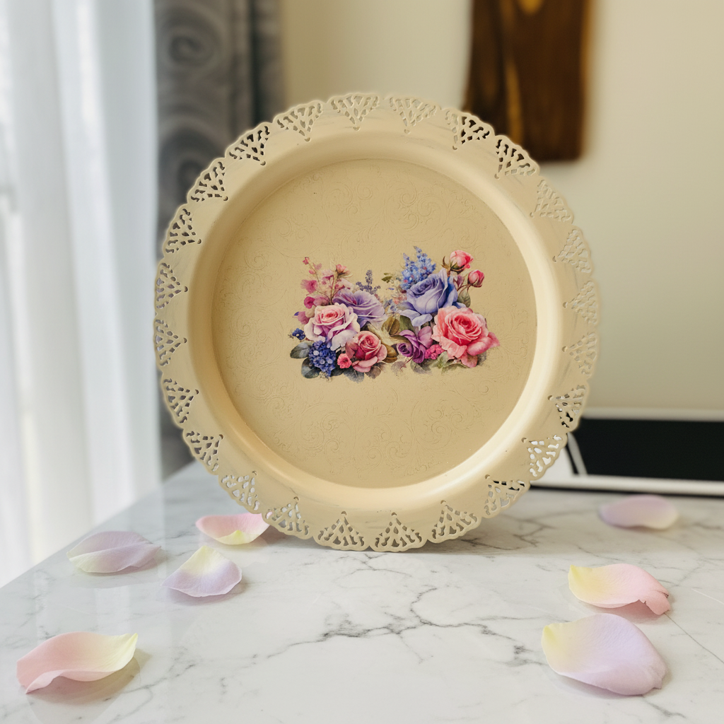 Cream Floral Metal Plate