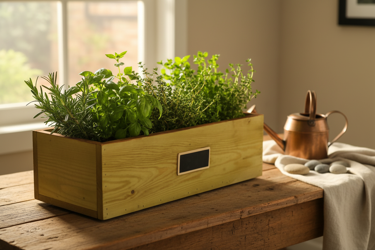 Handcrafted Wood Planter Box styled on a sunny windowsill with lush greenery