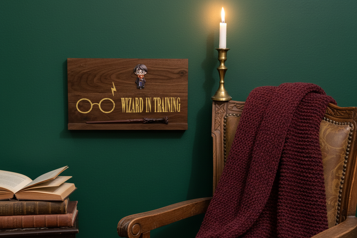 Harry Potter Inspired Wooden Wand Shelf in Magical Setting
