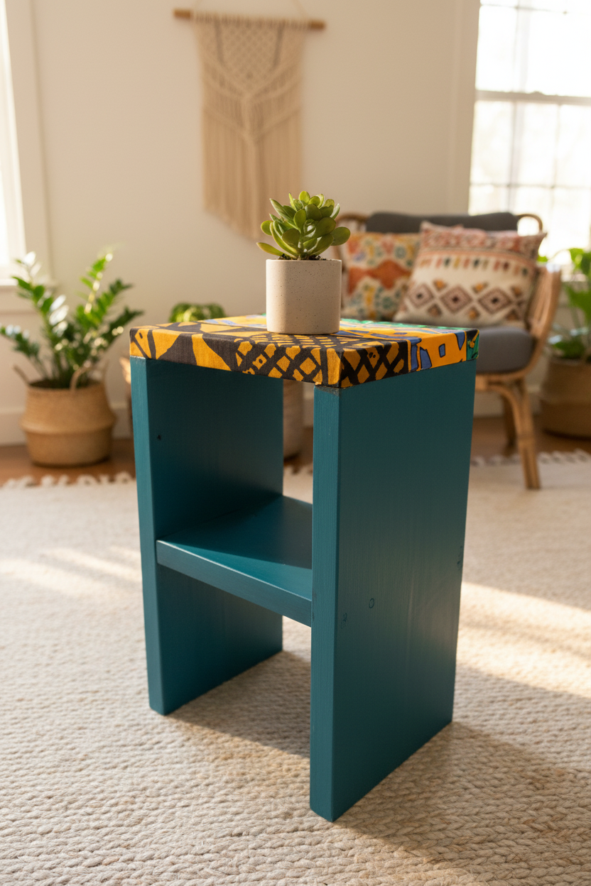 Styled boho African side table in living room setting