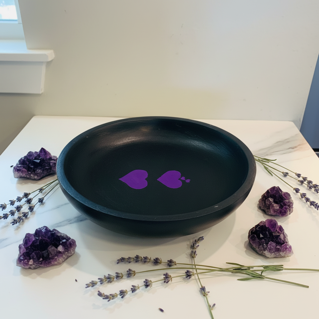 Styled product photo of charcoal black wooden bowl with purple hearts