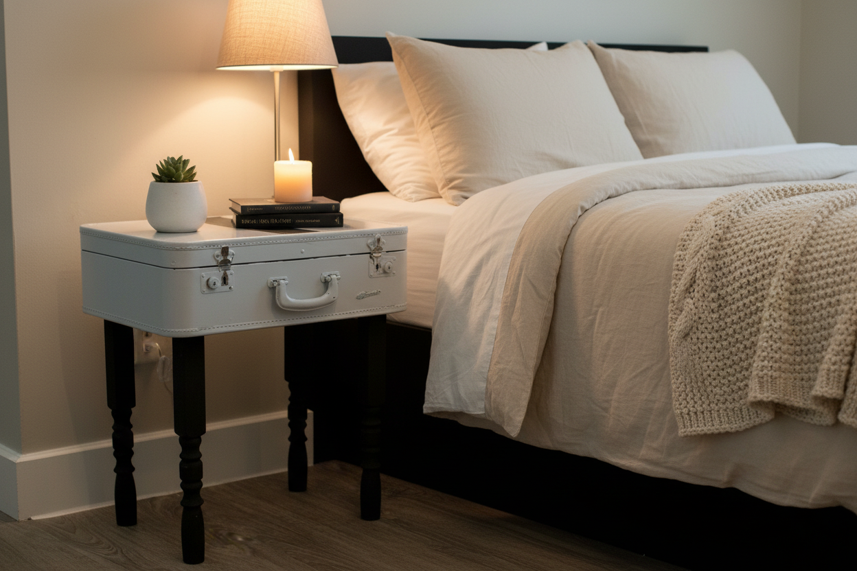 Repurposed an old Vintage Blue Suitcase Table / Nightstand